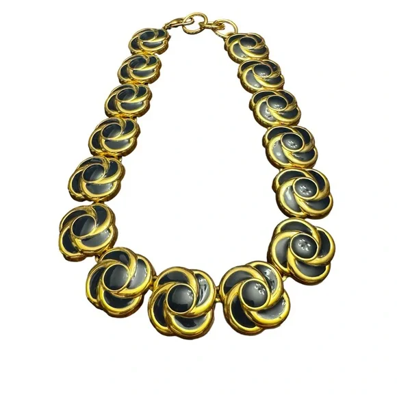 Vintage Goldtone Black Enamel Swirl Link Necklace - Picture 2 of 10